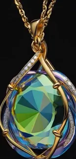 A luxurious jewel pendant with colorful gemstone on black background.