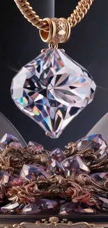 Elegant jewel pendant with intricate design on wallpaper.