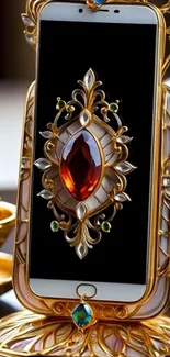 Elegant phone wallpaper with jeweled design and gold accents.