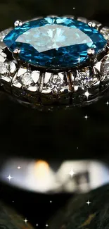 Close-up of a blue diamond ring on rocks.