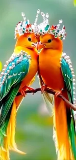 Two parrots with jewel crowns in a floral setting.