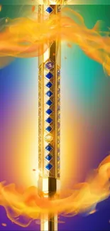 Jeweled sword surrounded by flames on a vibrant background.