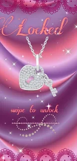 Heart and key pendant on pink background.