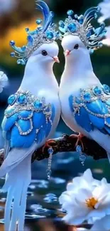 Two elegantly jewelled birds among blossoms.