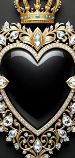Elegant black heart with gold and jewels on a phone wallpaper.