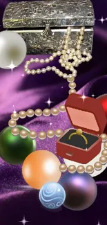 Elegant jewelry and colorful pearls on purple velvet background.