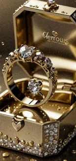 Luxurious gold jewelry box with sparkling diamond ring.