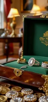 Open luxurious jewelry box with rings and coins.