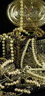 Luxurious jewelry wallpaper with pearls and ornate silver accents.