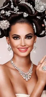 Elegant woman with elaborate jewelry and styled hair.