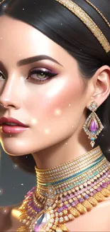 Elegant woman with sparkling jewelry and warm gold tones.