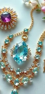 Jewelry with blue and pink gemstones on display.