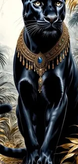 Elegant jungle panther with intricate jewelry, in a natural setting.