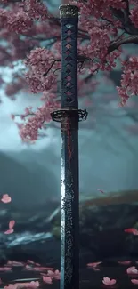 Katana with cherry blossoms on a serene background.