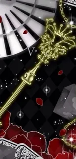 Gold key with black and red design featuring clock and roses.