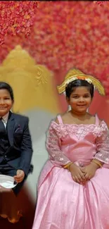 Kids in formal attire with a floral pink background.