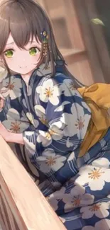 Anime girl in floral kimono with soft colors.