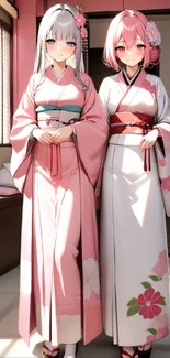 Two anime characters in pink kimonos in a serene room setting.