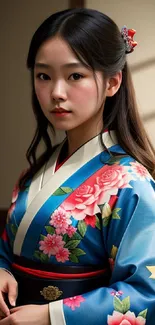 Elegant young woman in blue floral kimono.