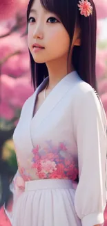 Girl in floral kimono with pink blossoms in serene setting.