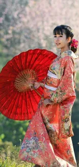 Woman in red kimono with parasol in cherry blossom setting.