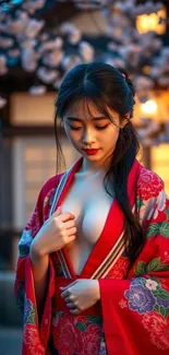 Woman in kimono under cherry blossoms at night.