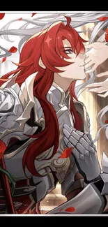 Anime knight with red hair and roses, in detailed armor.