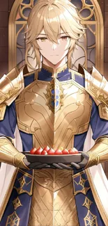 Elegant knight in gold and blue armor holding a dish.