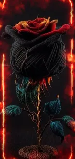 Knitted rose with vibrant colors on a dark background.