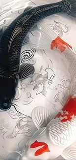 Black and white koi fish with artistic background.