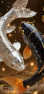 Intricate gold and silver koi fish with coins mobile wallpaper.