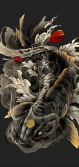 Intricate koi fish artwork on dark background.