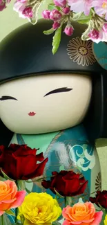 Elegant Kokeshi doll with vibrant floral accents on a green backdrop.