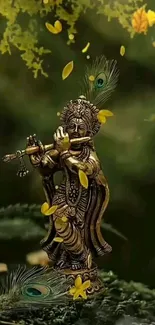 Statue of Krishna playing flute with green background.