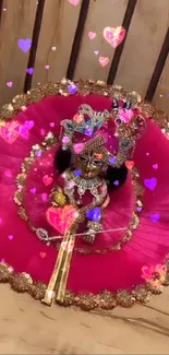 Krishna idol with pink and gold ensemble on vibrant mobile wallpaper.