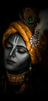 Serene Krishna portrait with radiant colors on a black background.