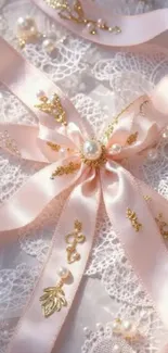 Pink ribbon with gold lace design wallpaper.