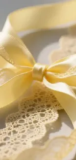 Elegant yellow lace and ribbon wallpaper with intricate textures.