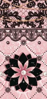 Elegant pink wallpaper with lace and floral design.