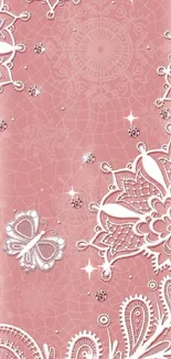 Soft pink wallpaper with white floral lace and butterfly designs.