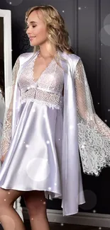 Elegant nightwear design with lace and satin in light lavender.