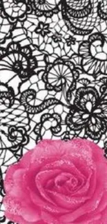 Intricate black lace with pink rose wallpaper.