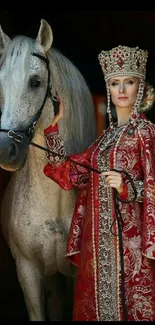 Elegant woman in red robe beside white horse.