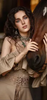 Elegant woman with horse in beige dress on mobile wallpaper.