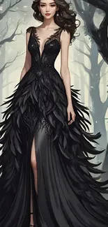 Elegant lady in black gown amidst an enchanted forest.