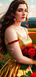 Woman in gold dress holding red roses in a field of red flowers.