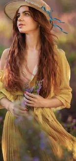 Elegant woman in yellow dress in a lavender field with a rustic hat.