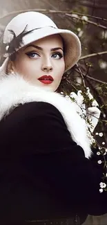 Elegant woman in vintage attire amidst blooming branches background.