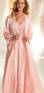 Elegant woman in a satin pink gown, exuding grace and style.