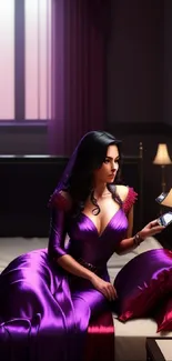 Elegant lady in purple gown in a softly lit room.